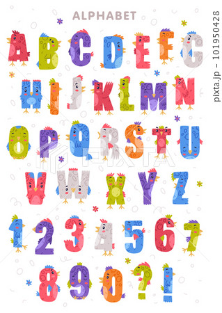 Bird alphabet letters and numbers. Bright colorful letters and numerals with eyes, beaks and wings cute cartoon vector illustration 101950428