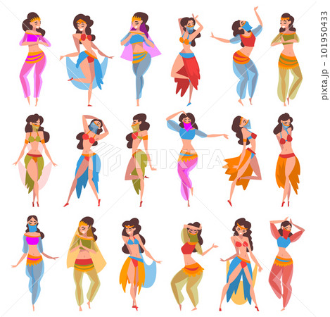 Beautiful Eastern Woman Dancing Belly Dance Big Vector Set 101950433