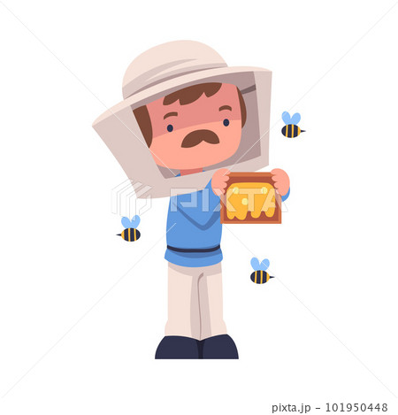 Mustached Beekeeper with Wooden Brood Frame Keeping Honey Bee Engaged in Apiculture Vector Illustration 101950448