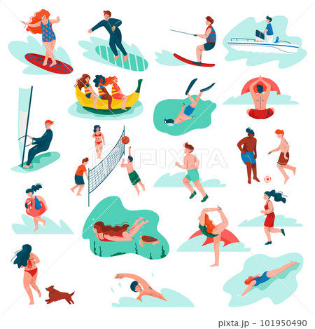 People at Seashore or Beach Engaged in Water Activity Big Vector Set 101950490