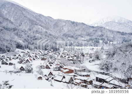 【白川郷】冬の荻町城跡展望台の眺望 【白川郷】冬の荻町城跡展望台の眺望 101950556