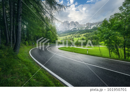Road in green forest in rainy summer day. Mountain roadway 101950701