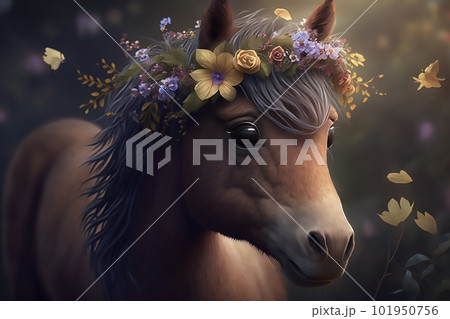 Adorable red horse in a floral wreath on his head, in spring, outdoor 101950756