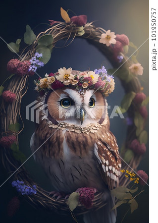 A brown owl in a wreath of flowers sitting nearby big wreath of flowers and branches 101950757