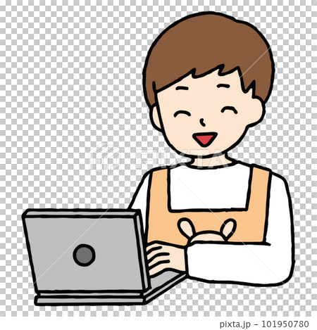 笑顔でパソコン作業をする保育士の男性 101950780