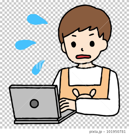 パソコン作業をする保育士の男性が焦っている パソコン作業をする保育士の男性が焦っている 101950781