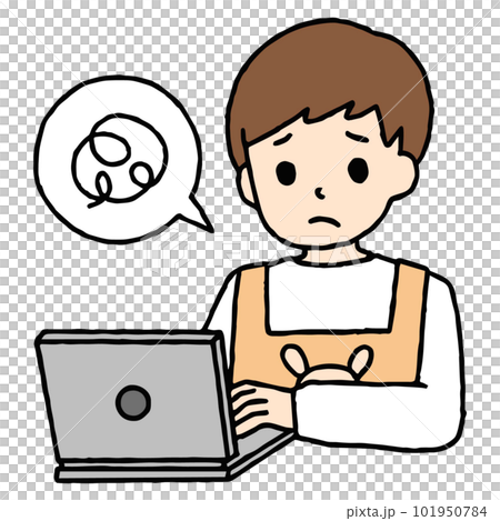 A nursery teacher man working on a computer is confused 101950784