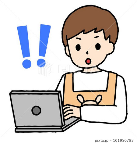 パソコン作業をする保育士の男性が驚いている 101950785