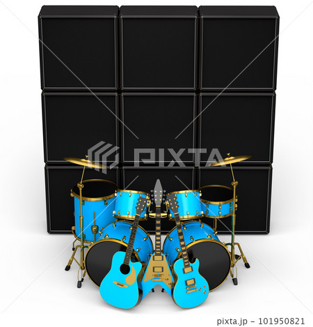 Set of realistic drums with metal cymbals, amplifier and acoustic guitars Set of realistic drums with metal cymbals, amplifier and acoustic guitars 101950821