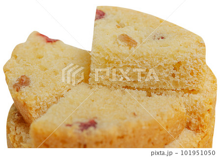 Buttery pastries for the Easter holiday. Pieces of dessert with raisins isolated on a white. 101951050
