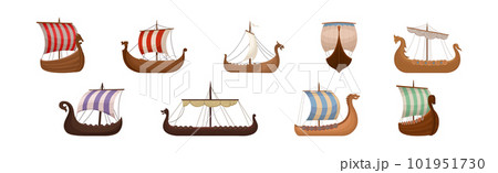 Scandinavian Marine Vessels or Viking Ship with Dragon Head Vector Set Scandinavian Marine Vessels or Viking Ship with Dragon Head Vector Set 101951730