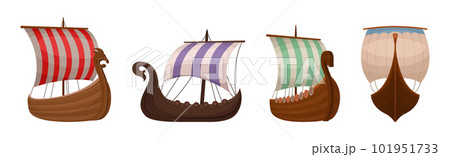 Scandinavian Marine Vessels or Viking Ship with Dragon Head Vector Set 101951733