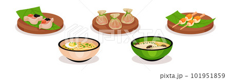Chinese and Japanese Meal with Soup in Bowl, Dumplings and Noodle Vector Set Chinese and Japanese Meal with Soup in Bowl, Dumplings and Noodle Vector Set 101951859