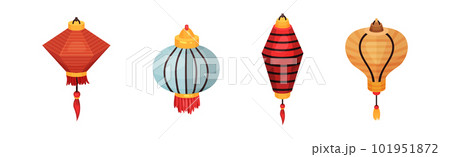 Chinese Lantern Made of Paper or Silk as Festive Luminaria Vector Set Chinese Lantern Made of Paper or Silk as Festive Luminaria Vector Set 101951872