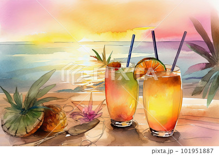 Tropical cocktails on beach with colorful sea sunset background. Watercolor pop art style illustration. Generative AI 101951887