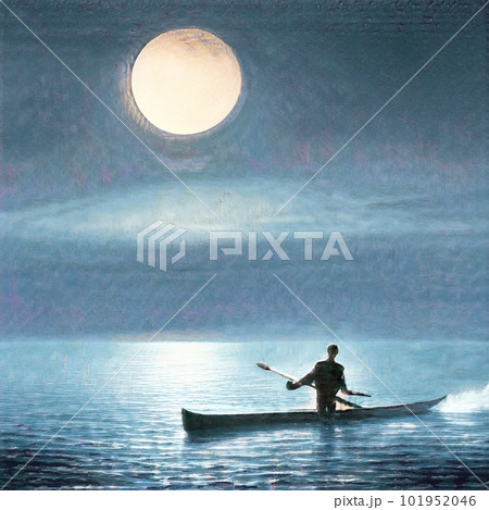 満月の下、静寂の海でボートに乗る男。絵画・油絵スタイルのイラスト
