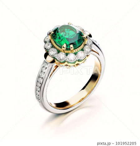 Gold and silver ring with emerald and diamonds isolated on white background, generative AI. Gold and silver ring with emerald and diamonds isolated on white background, generative AI. 101952205