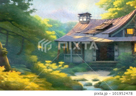 森の中の廃れた廃屋・空き家 イラスト（Generative AI） 101952478