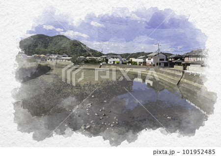 水彩画風　引田　小海川　香川県東かがわ市 101952485