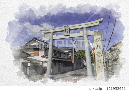 水彩画風　引田　誉田八幡神社　鳥居　香川県東かがわ市 101952621