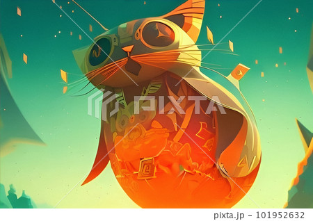 猫の気球｜古代の文明・民族的な模様｜SF・ゲーム背景｜イラスト｜Generative AI 101952632