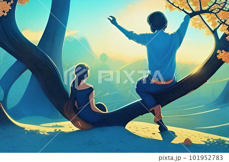 浜辺で夢を語る男性と聞く女性 イラスト Generative AIのイラスト素材 [101952783] - PIXTA