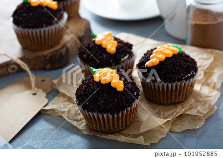Carrot cupcakes with chocolate crumbs and frosting Carrot cupcakes with chocolate crumbs and frosting 101952885