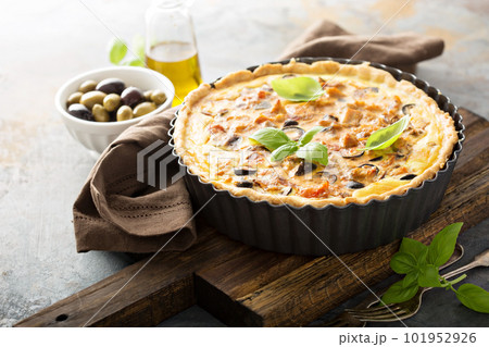 Quiche with eggplant, chicken and olives Quiche with eggplant, chicken and olives 101952926