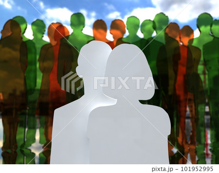 群衆の前に立つ男女シルエット　明　3Dイラストレーション　横 101952995