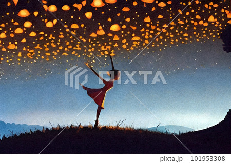 夜空浮かぶランタン祭り・喜ぶ少女　デジタルイラスト　Generative AI 101953308