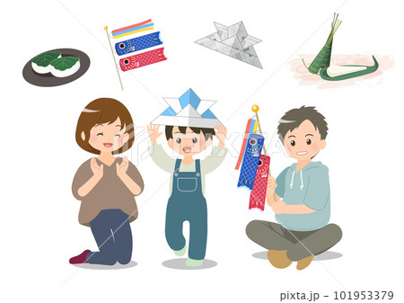 子供の日の家族と鯉のぼり、和菓子のセット 101953379