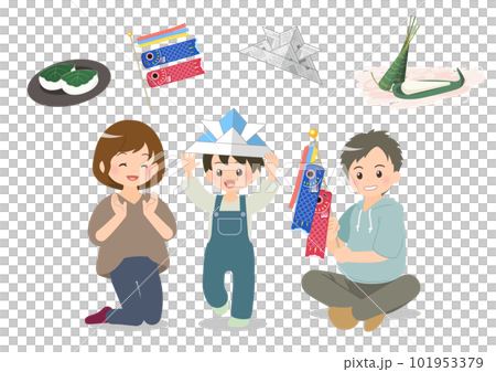 子供の日の家族と鯉のぼり、和菓子のセット 101953379