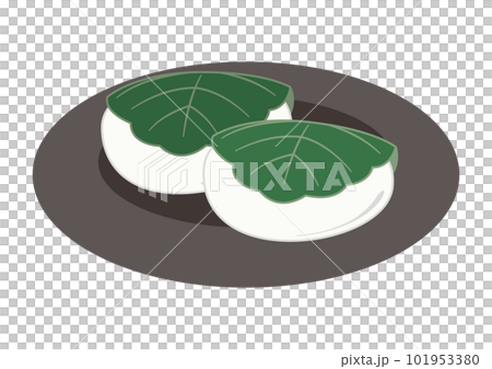 A simple illustration of a plate with two kashiwa mochi 101953380