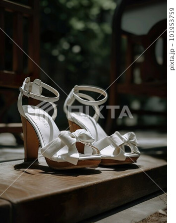 A pair of leather sandals with white ribbons A pair of leather sandals with white ribbons 101953759