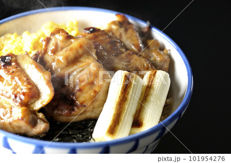 そぼろ玉子と焼き葱と刻み海苔も一緒に乗ってる熱々の照り焼きチキン丼を黒背景で撮影 101954276