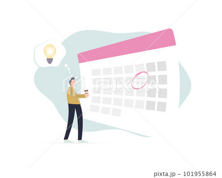 Meet deadlines and breakthrough moments with effective time management. Important dates on calendar with light bulb symbols for inspiration. Man with coffee cup representing ideas and decision-making 101955864