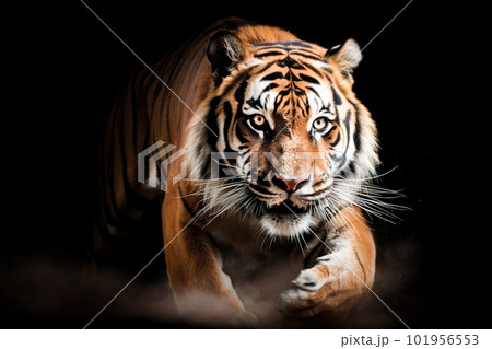 Portrait of a beautiful tiger on a black background with smoke. Generative AI 101956553