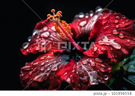 Close up of red hibiscus flower with water drops. Generative AI Close up of red hibiscus flower with water drops. Generative AI 101956558