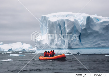 Antarctic ship with icebergs and mountains in the background. Generative AI Antarctic ship with icebergs and mountains in the background. Generative AI 101956567