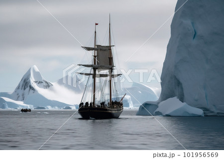 Antarctic ship with icebergs and mountains in the background. Generative AI 101956569
