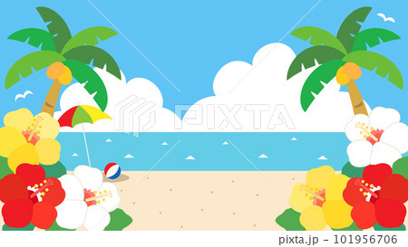 ハイビスカスと海や入道雲などの真夏のビーチをイメージしたイラスト　アスペクト比16：9 101956706