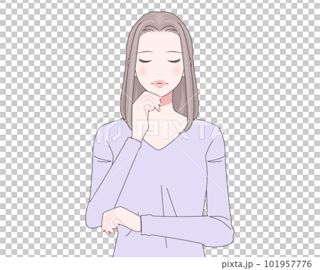 一個面帶微笑的女人把手放在臉上的插圖 一個面帶微笑的女人把手放在臉上的插圖 101957776