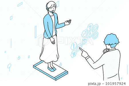 DXのイメージ、ARで画面上に現れるカスタマーサービスの女性とタッチパネルでサービスを選ぶ男性 101957924