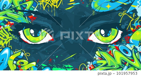 Abstract Urban Colorful Neon Futuristic Street Art Graffiti Style Background With Big Eyes Vector Illustration 101957953