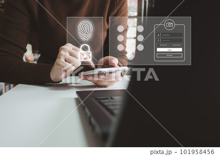 Verification of information with finger print by smart phone, Internet security, online financial transaction, 2-step verification, confirm transaction and identity. 101958456