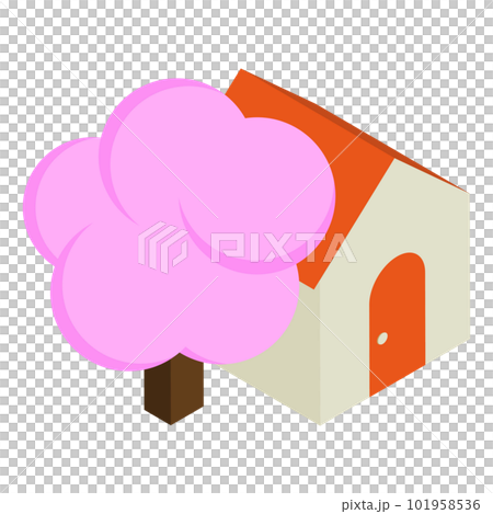 Isometric projection red roof house and fluffy cherry tree 101958536