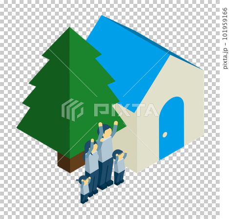 Happy family with isometry blue roof house and jagged tree Happy family with isometry blue roof house and jagged tree 101959166