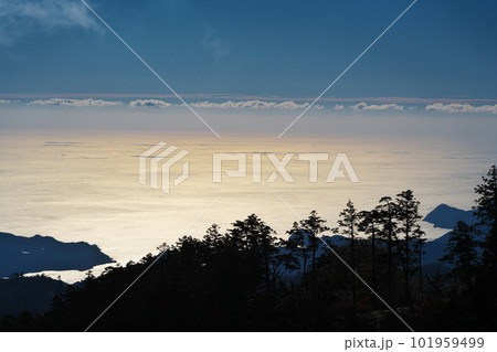 秋の吉野熊野国立公園　日出ヶ岳から黄金に輝く早朝の海を臨む 101959499