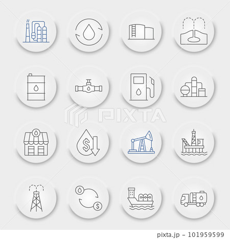 Oil industry line icon set, fuel production symbols collection, vector sketches, neumorphic UI UX buttons, nature resources signs linear pictograms package isolated on white background, eps 10. 101959599