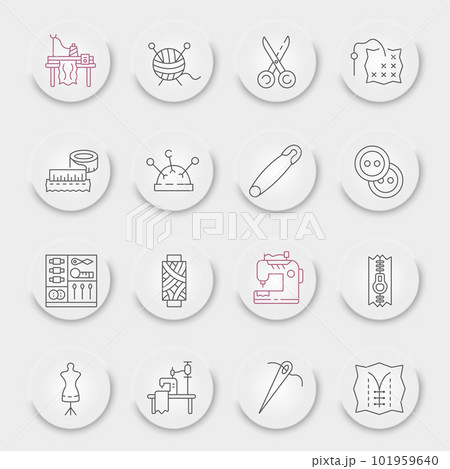 Sewing line icon set, tailor symbols collection, vector sketches, neumorphic UI UX buttons, dressmaking signs linear pictograms package isolated on white background, eps 10. 101959640